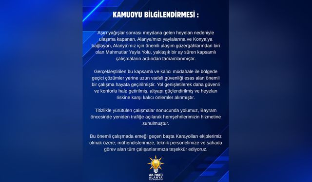 Mahmutlar Yayla Yolu, bayram öncesi açıldı