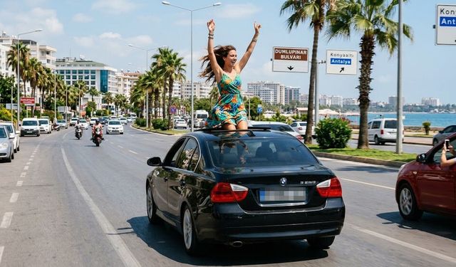 Seyir halindeki otomobilin üzerinde dans etti